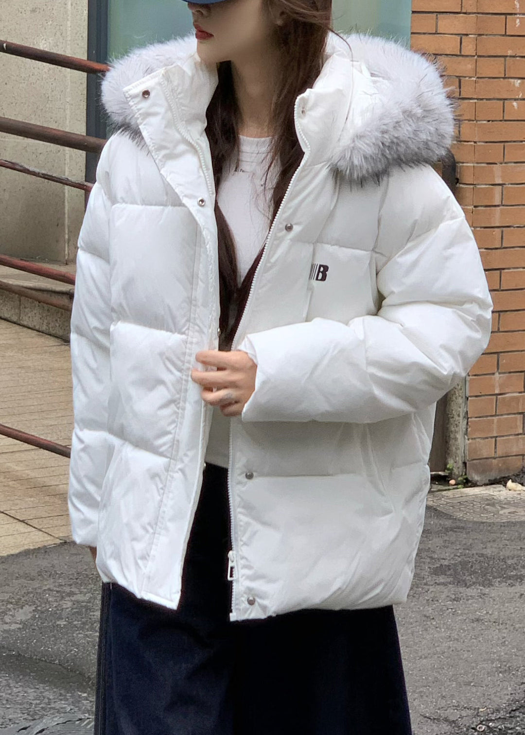 Brief White Stand Collar Hooded Parka Winter