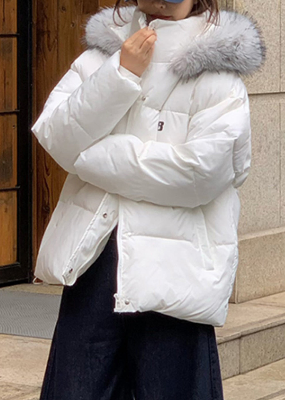 Brief White Stand Collar Hooded Parka Winter