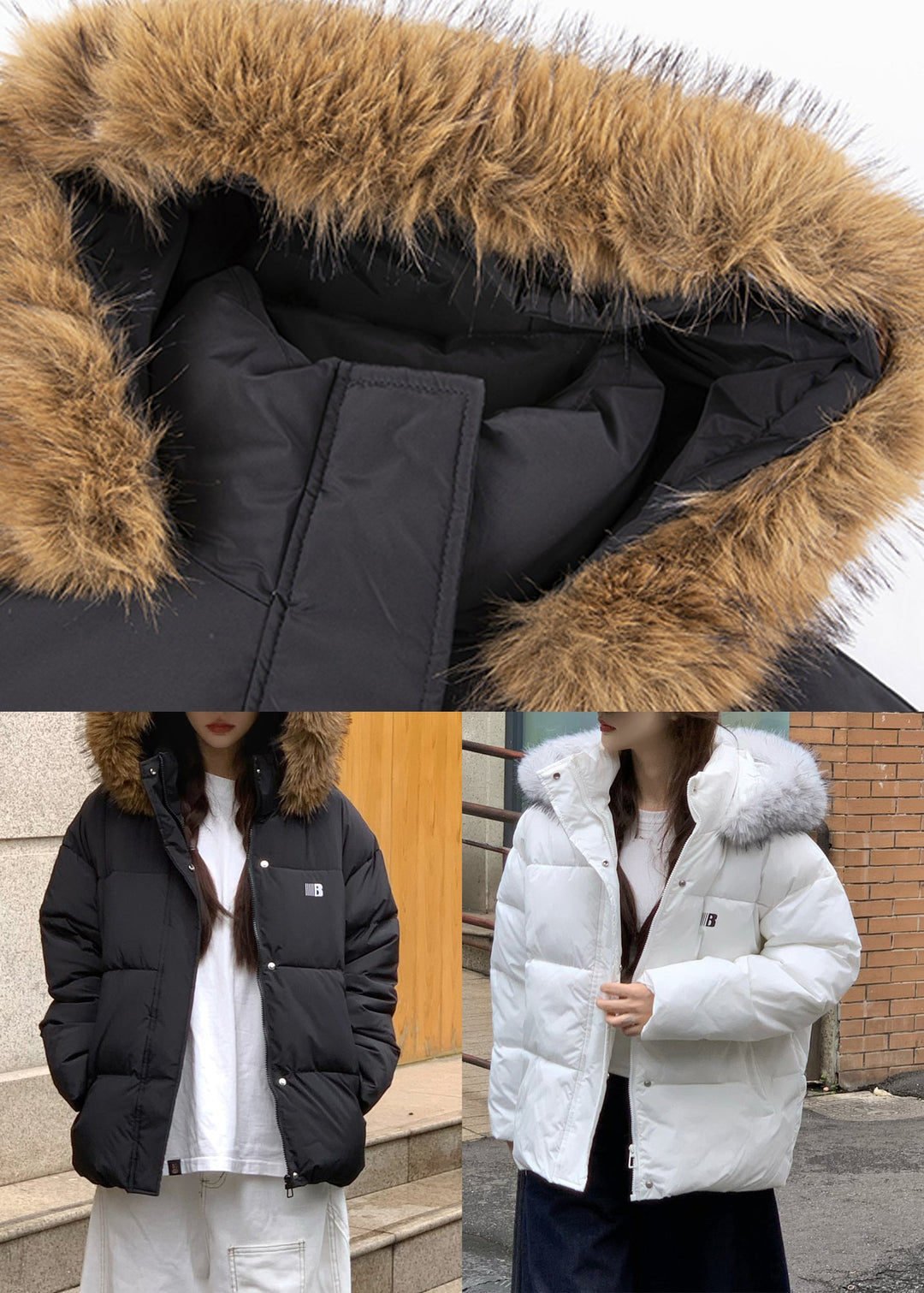Brief White Stand Collar Hooded Parka Winter