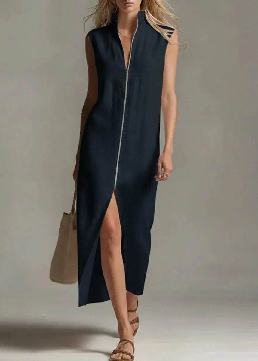 Brief White Stand Collar Zippered Patchwork Solid Long Dress Sleeveless