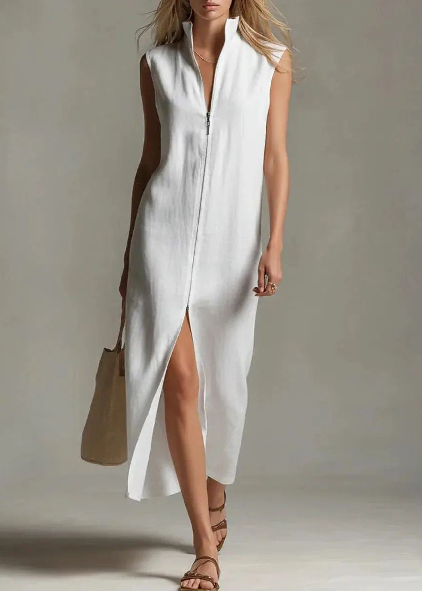 Brief White Stand Collar Zippered Patchwork Solid Long Dress Sleeveless