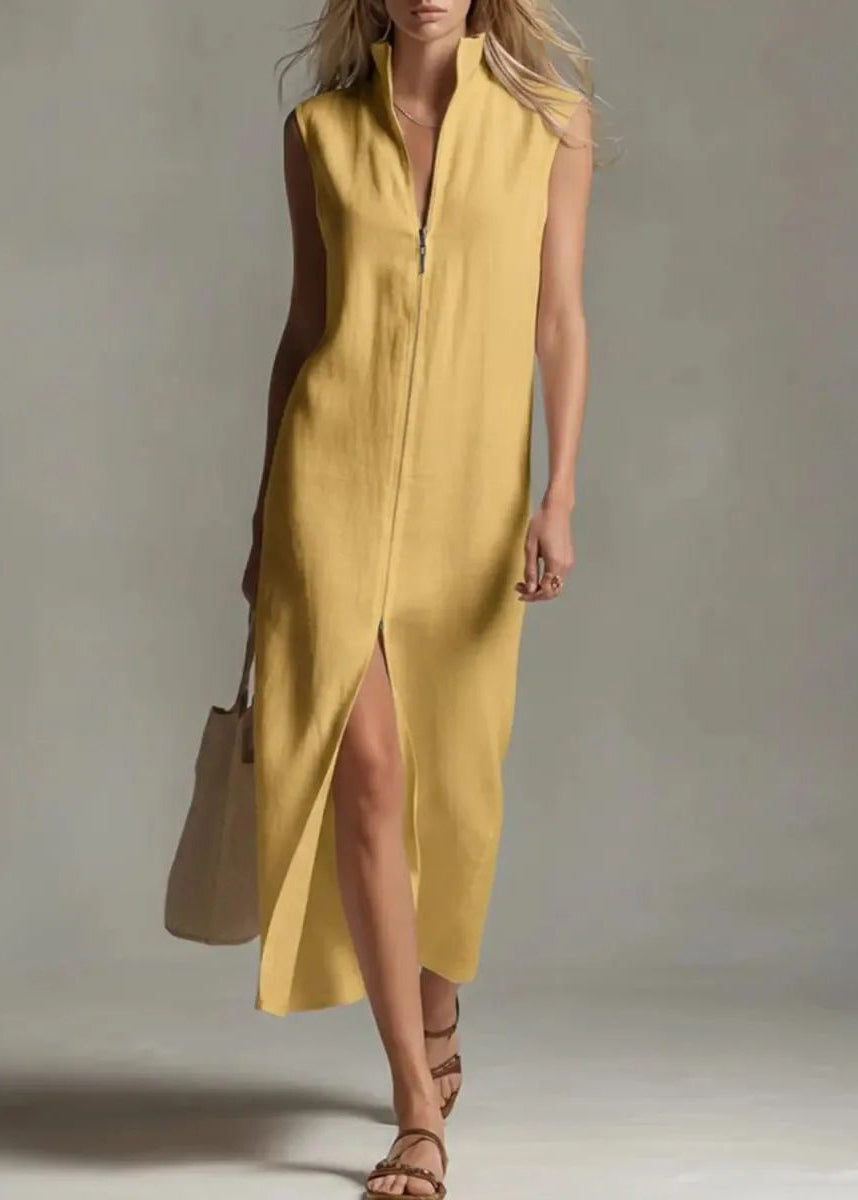 Brief White Stand Collar Zippered Patchwork Solid Long Dress Sleeveless