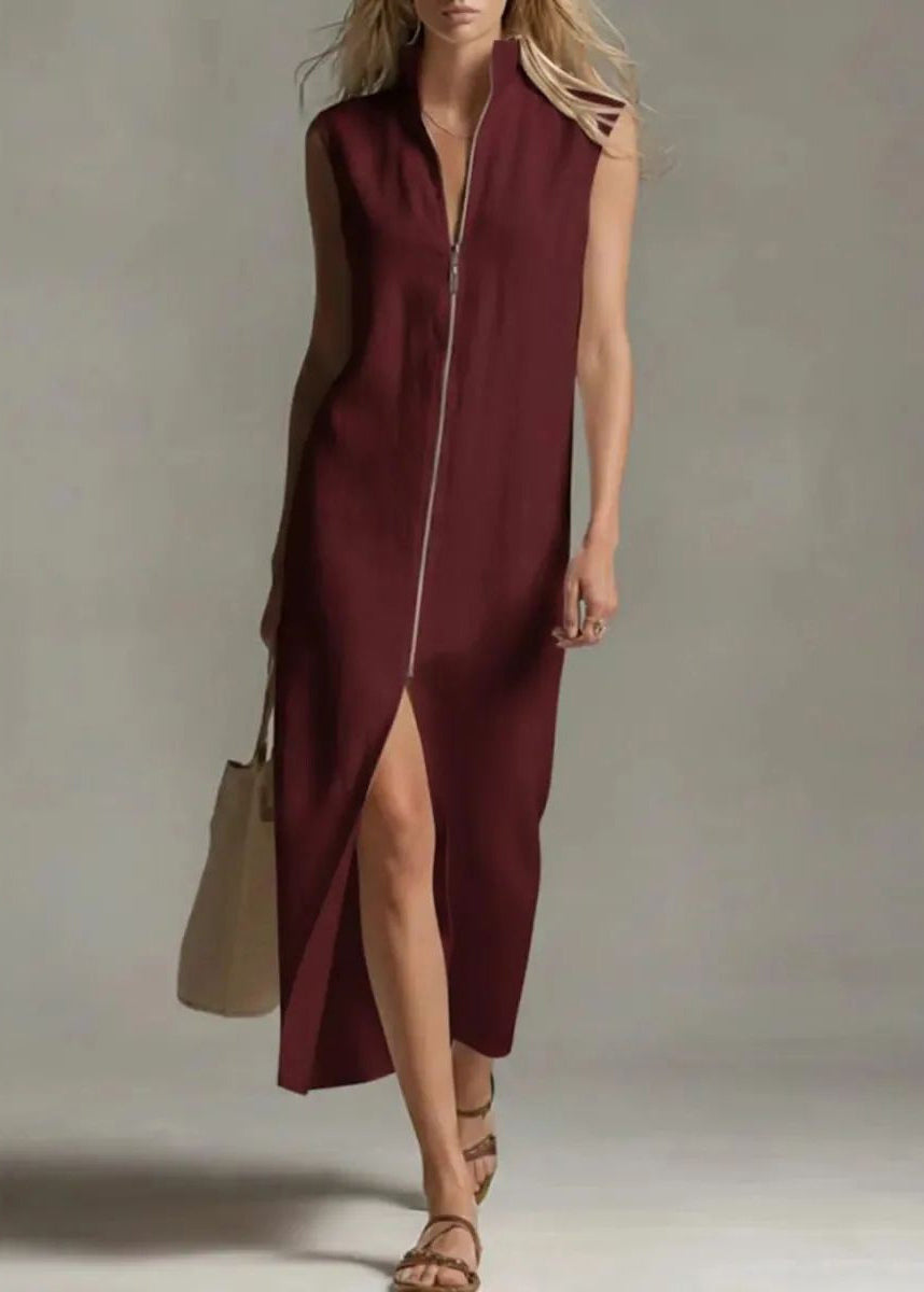 Brief White Stand Collar Zippered Patchwork Solid Long Dress Sleeveless