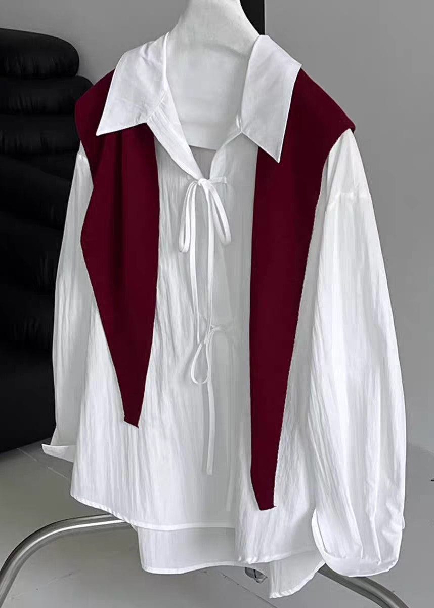 Brief White Tie Lace Solid Shirt Lantern Sleeve