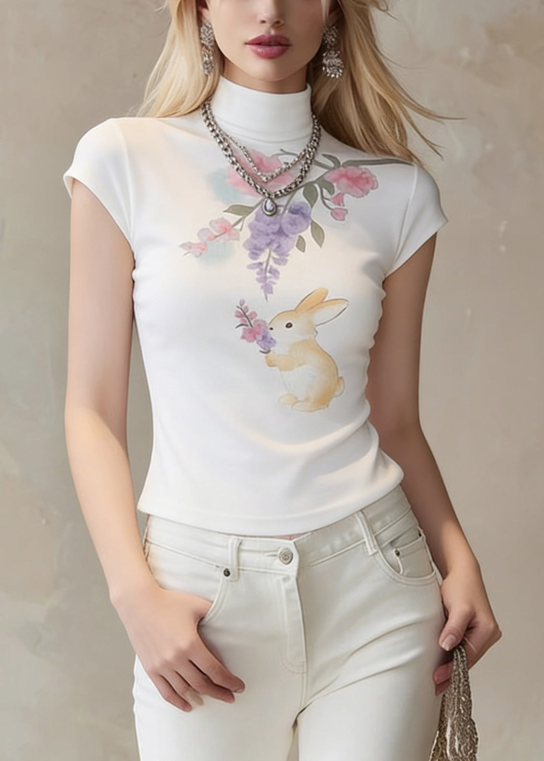 Brief White Turtleneck Print Top Summer