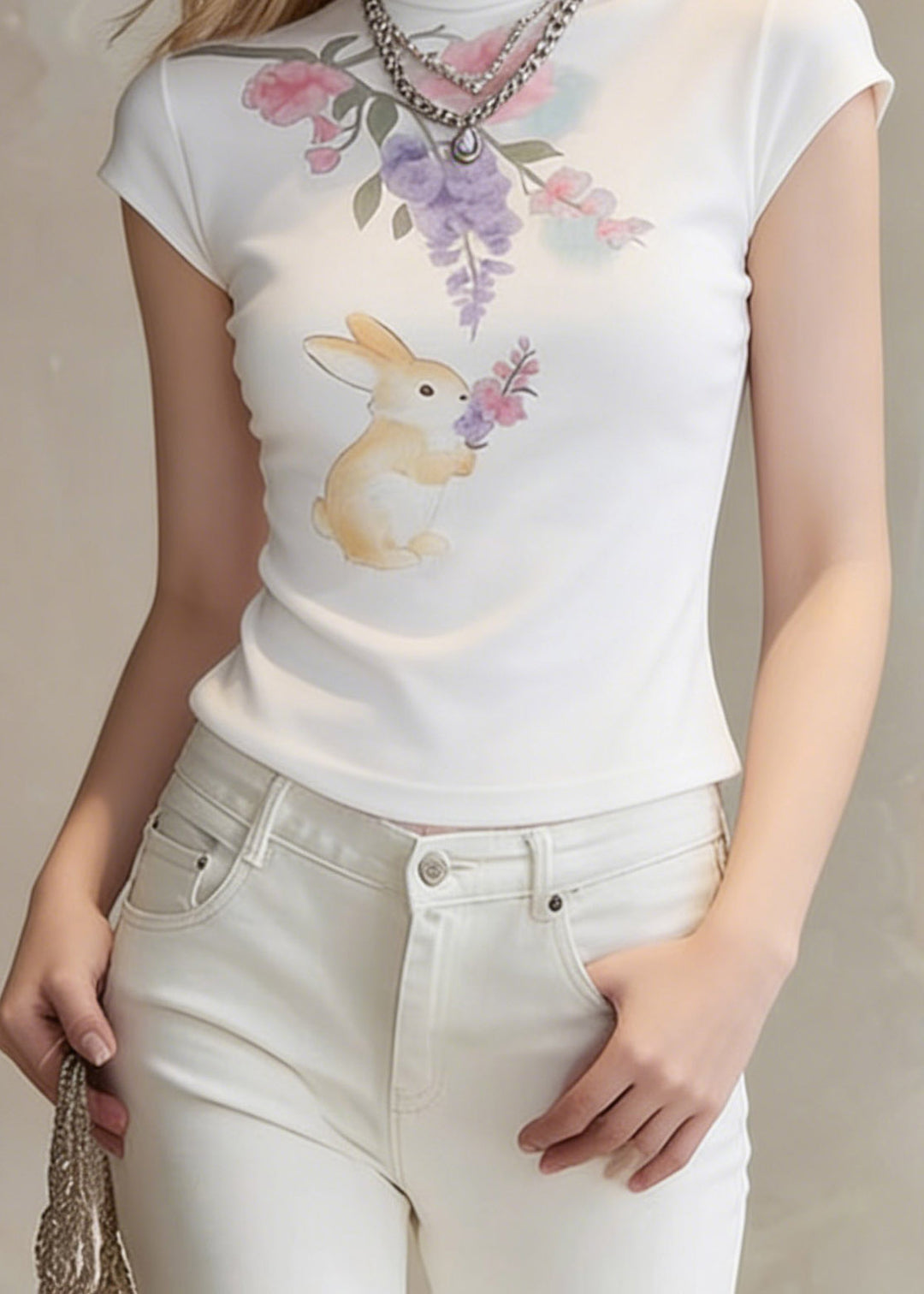 Brief White Turtleneck Print Top Summer