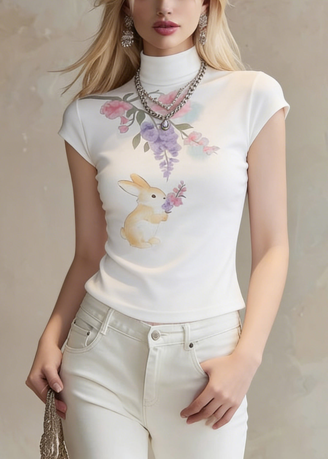 Brief White Turtleneck Print Top Summer