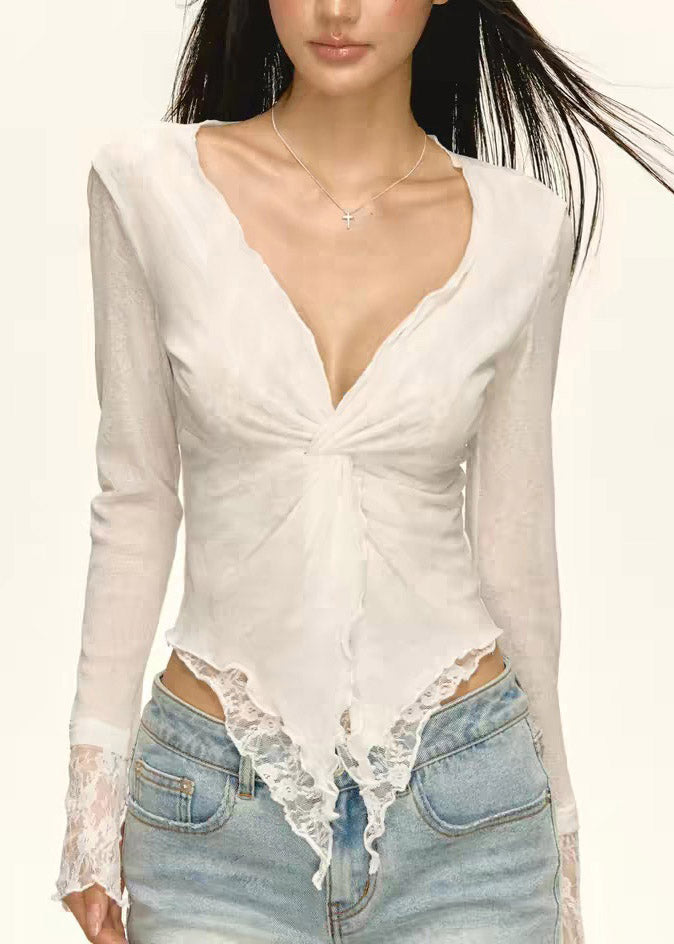 Brief White V Neck Asymmetrical Lace Patchwork Tops Flare Sleeve
