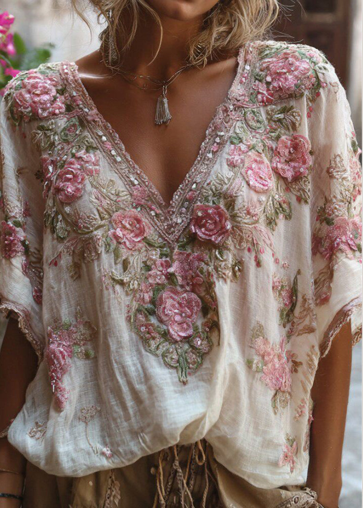 Brief White V Neck Print Cotton Blouse Tops Summer