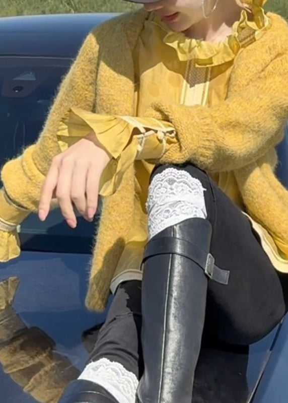 Brief Yellow O-Neck Button Cotton Knit Cardigan Spring