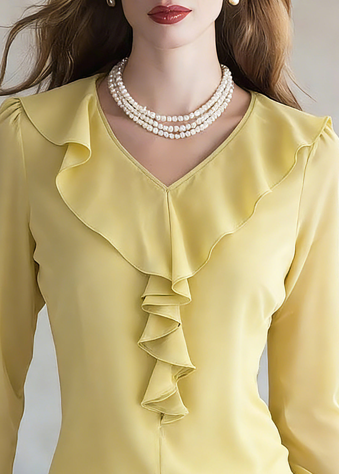 Brief Yellow V Neck Solid Silk Shirt Spring - Omychic