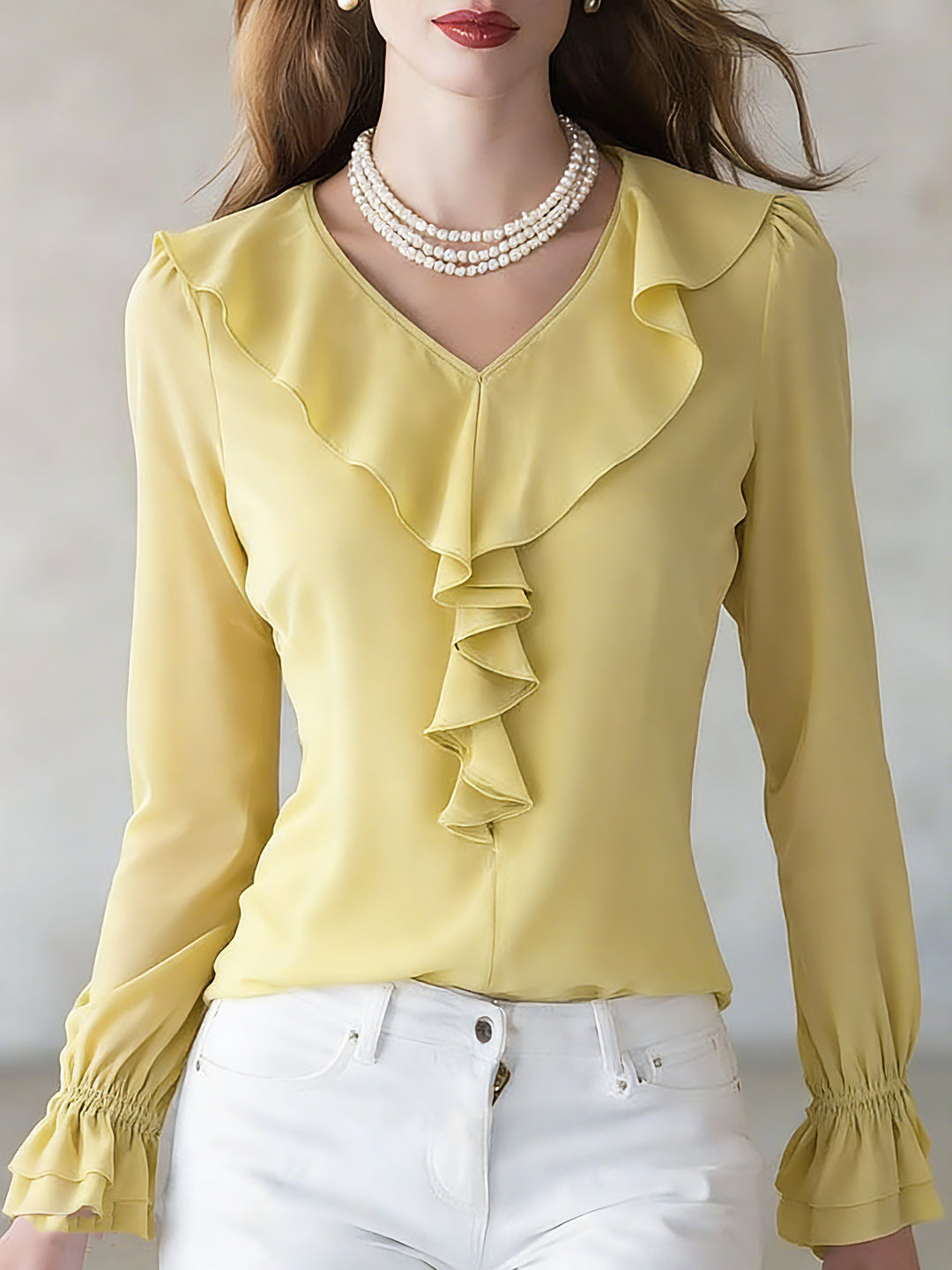 Brief Yellow V Neck Solid Silk Shirt Spring - Omychic