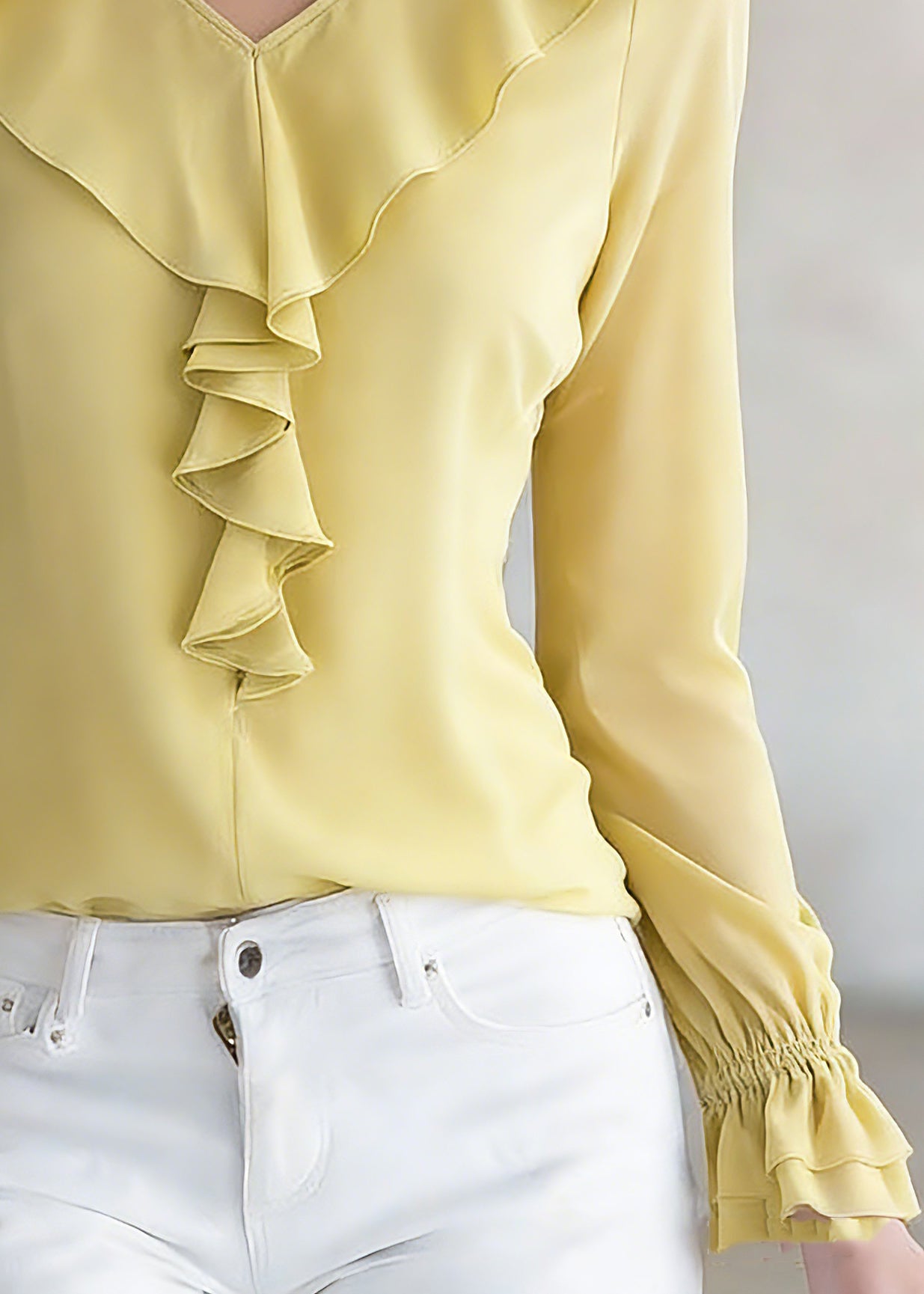 Brief Yellow V Neck Solid Silk Shirt Spring - Omychic