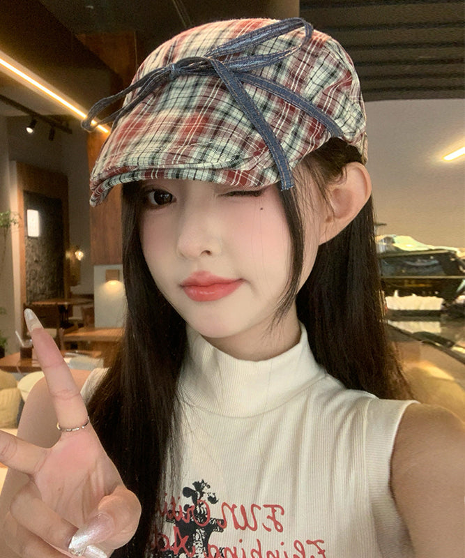 British Style Bow Red Plaid Versatile Breton Hat