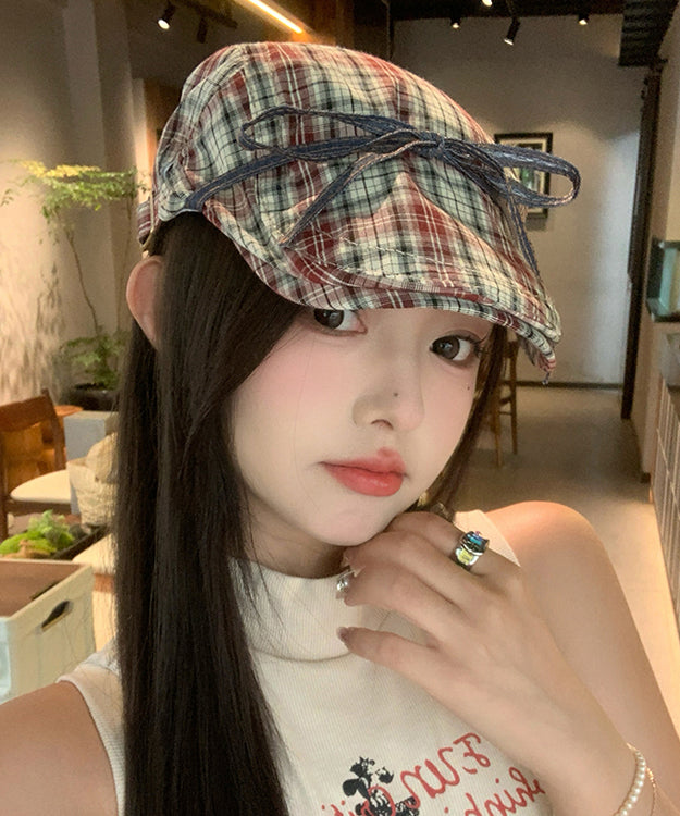 British Style Bow Red Plaid Versatile Breton Hat