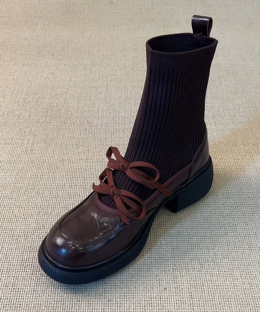 Brown Ankle Boots Faux Leather Stylish Splicing Boots