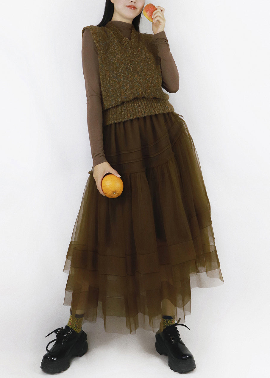 Brown Asymmetrical Tulle Patchwork Knitted Cotton Long Dresses V Neck