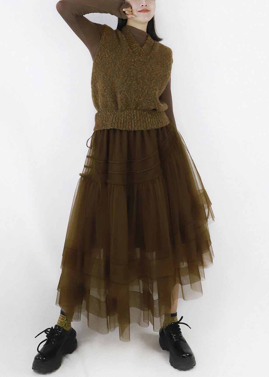 Brown Asymmetrical Tulle Patchwork Knitted Cotton Long Dresses V Neck