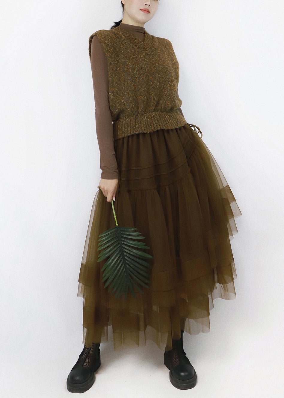 Brown Asymmetrical Tulle Patchwork Knitted Cotton Long Dresses V Neck