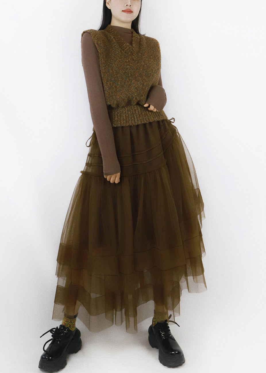 Brown Asymmetrical Tulle Patchwork Knitted Cotton Long Dresses V Neck