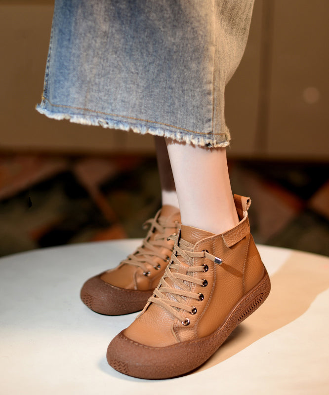 Brown Boots Cowhide Leather Vintage Splicing Cross Strap