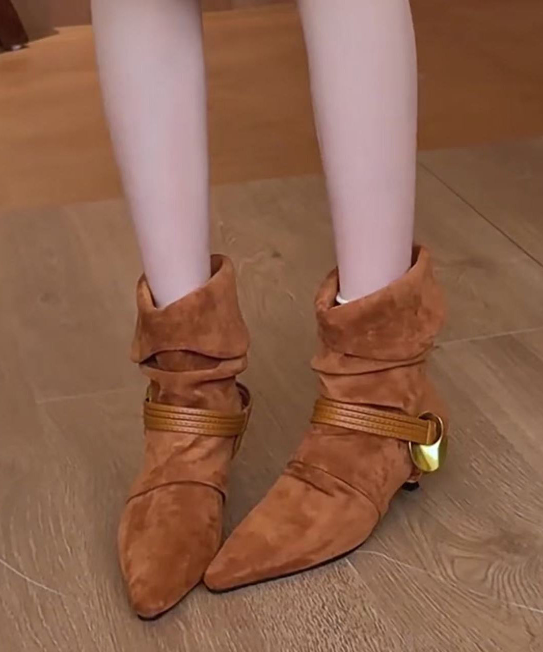 Brown Boots Suede Fashion Splicing Wrinkled Pointed Toe