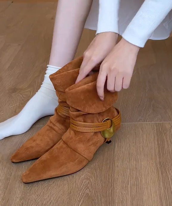 Brown Boots Suede Fashion Splicing Wrinkled Pointed Toe