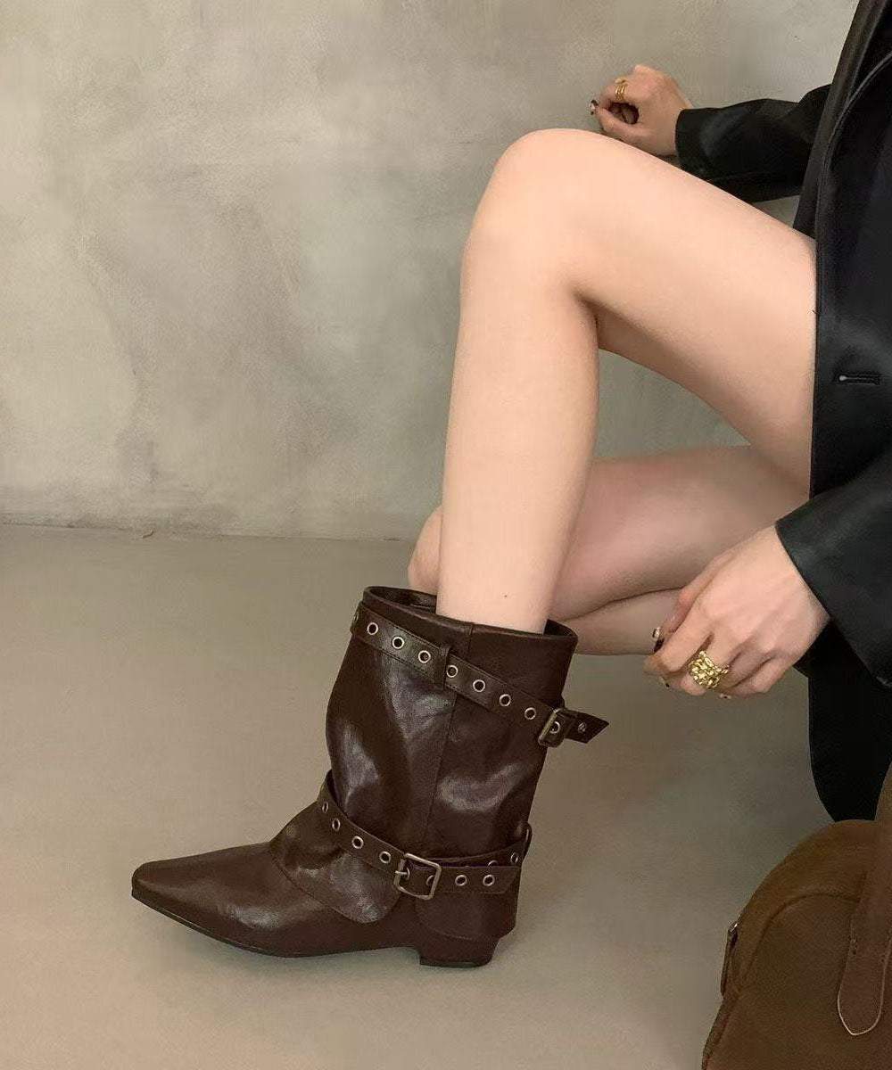 Brown Boots Wedge Faux Leather Unique Pointed Toe Boots