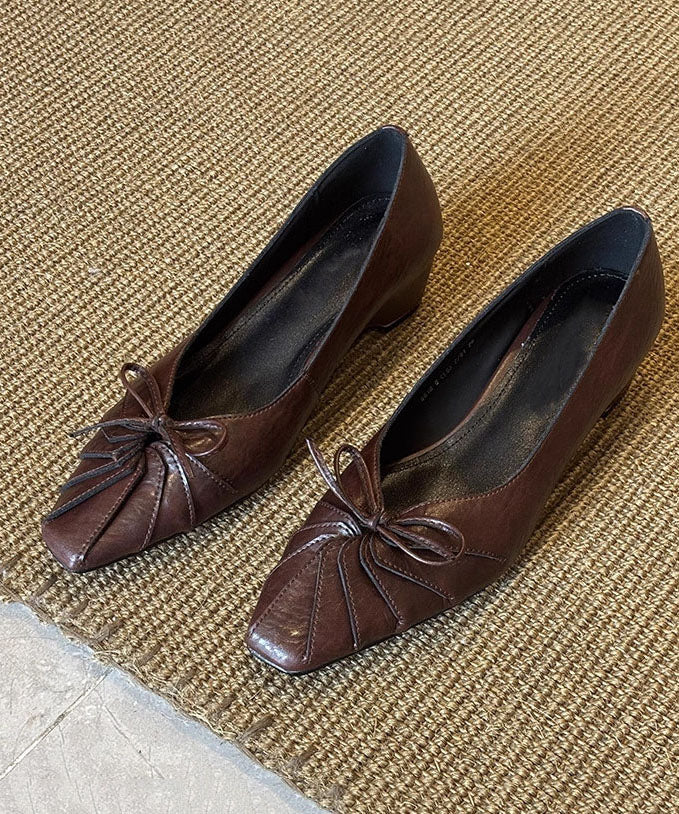 Brown Bow Splicing Sheepskin Chunky Shoes For Women