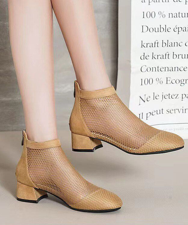 Brown Breathable Mesh Chunky Cowhide Leather Splicing Boots