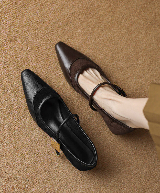 Brown Buckle Strap Splicing Faux Leather Pointed Toe Shoes