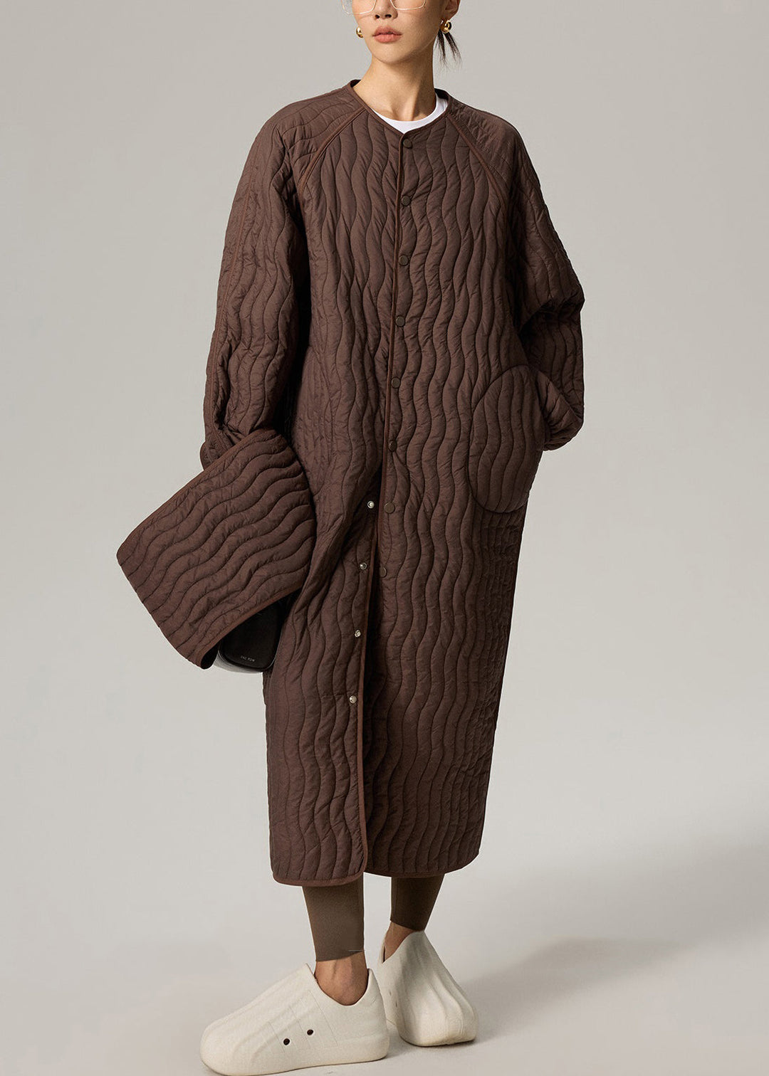 Brown Button Pockets Oversized Cotton Filled Two Pieces Set O Neck