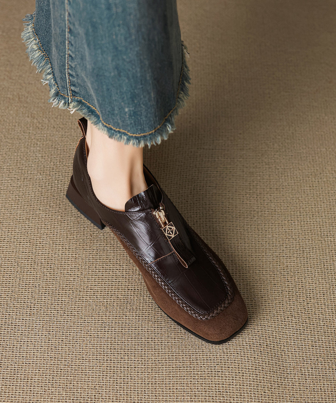 Brown Chunky Cowhide Leather Retro Splicing Loafers For Women
