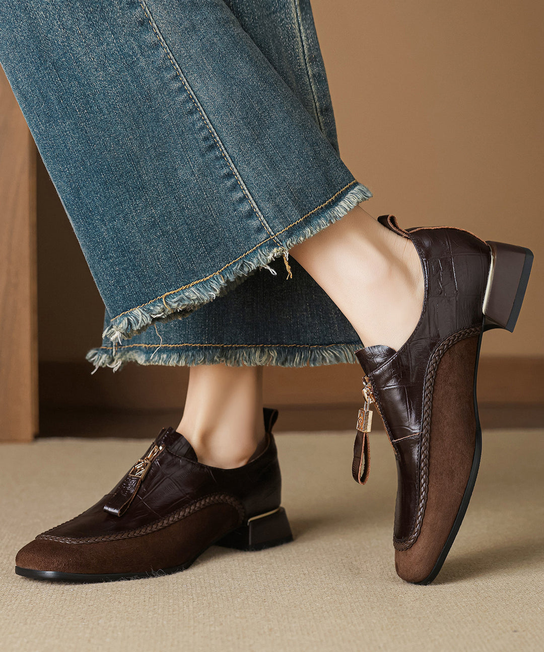 Brown Chunky Cowhide Leather Retro Splicing Loafers For Women