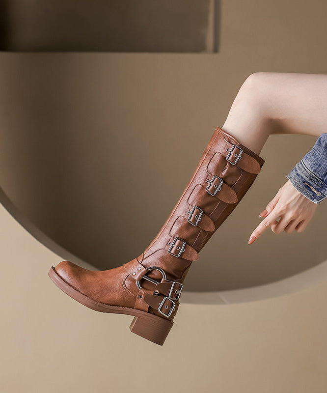 Brown Chunky Cowhide Leather Stylish Splicing Boots