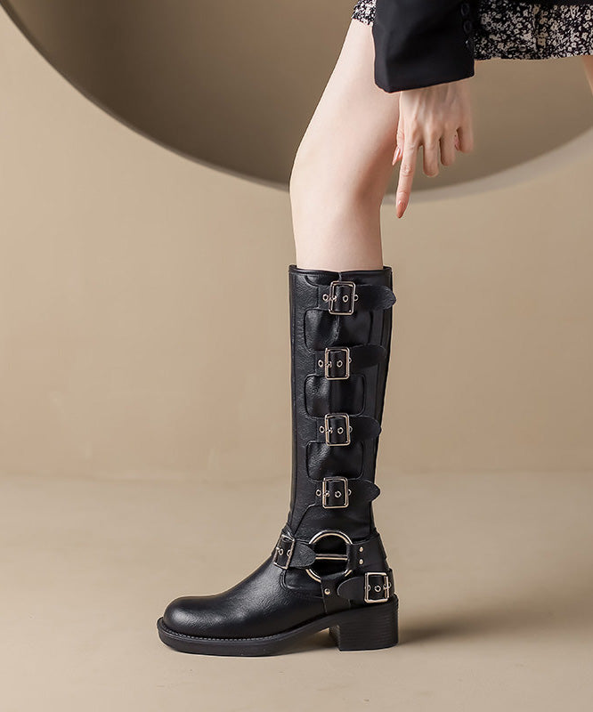 Brown Chunky Cowhide Leather Stylish Splicing Boots
