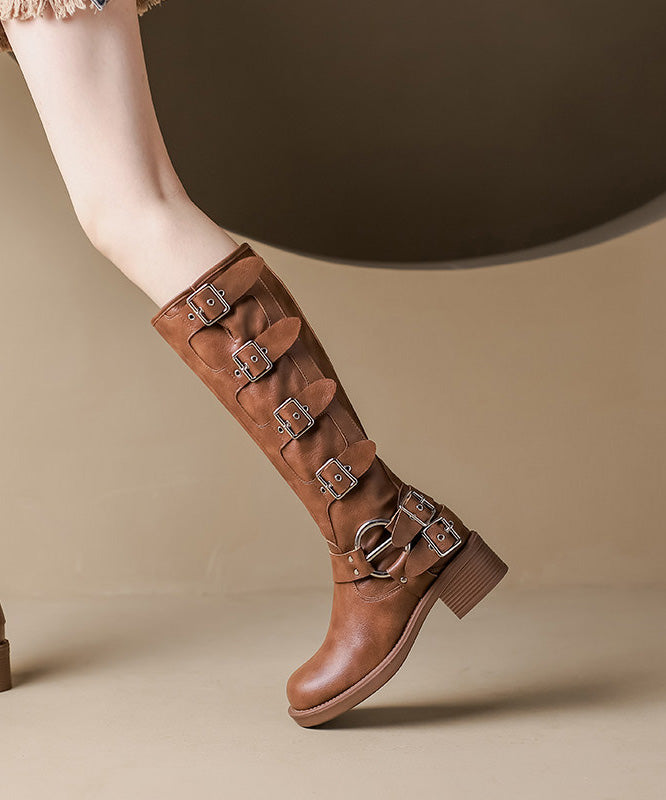 Brown Chunky Cowhide Leather Stylish Splicing Boots