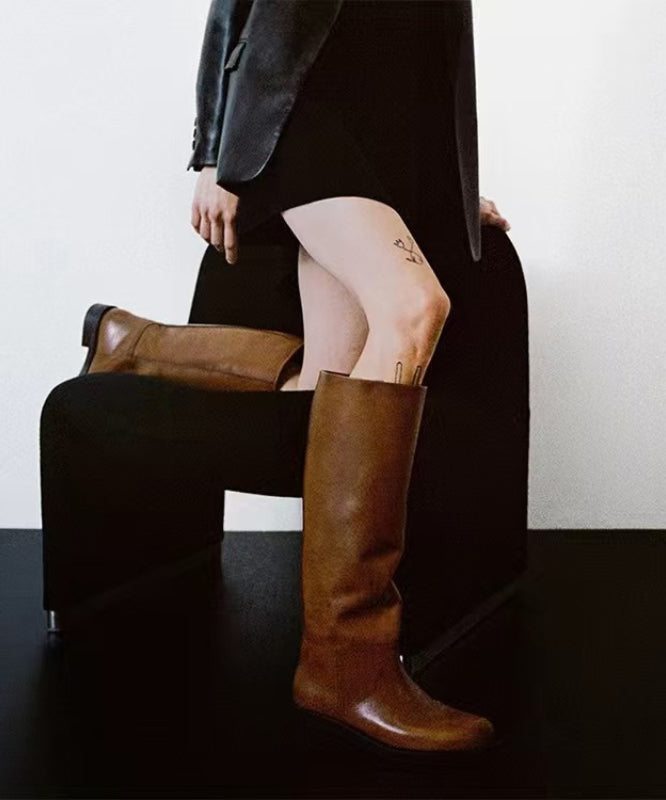 Brown Chunky Cowhide Leather Women Splicing Boots