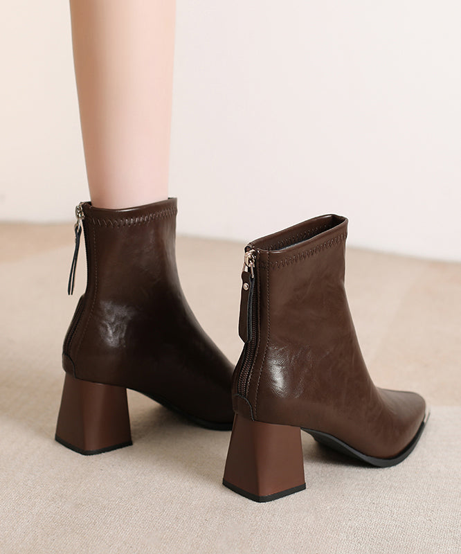 Brown Chunky Faux Leather Simple Splicing Boots Pointed Toe