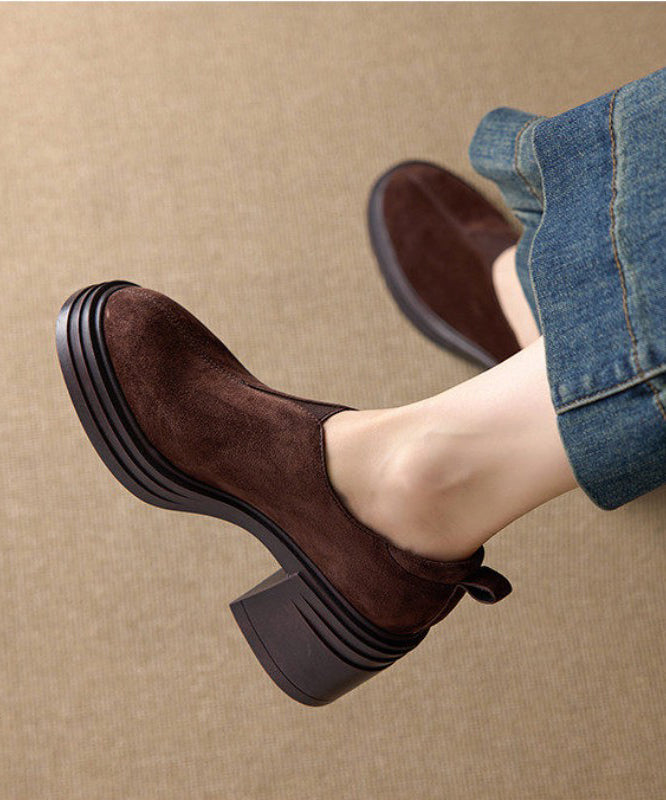 Brown Chunky Heel Suede Women Splicing Loafer Shoes