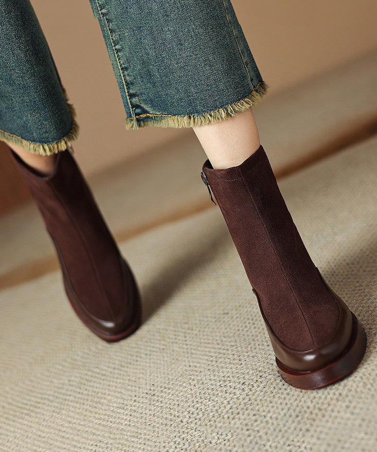 Brown Chunky Suede Art Splicing Ankle Boots