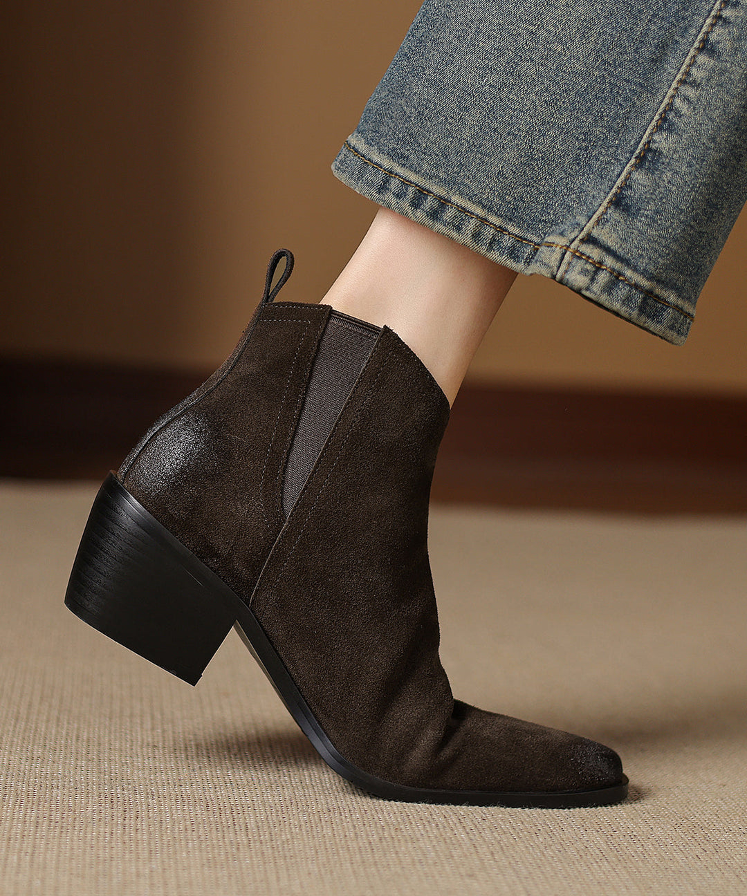 Brown Chunky Suede Classy Splicing Ankle Boots