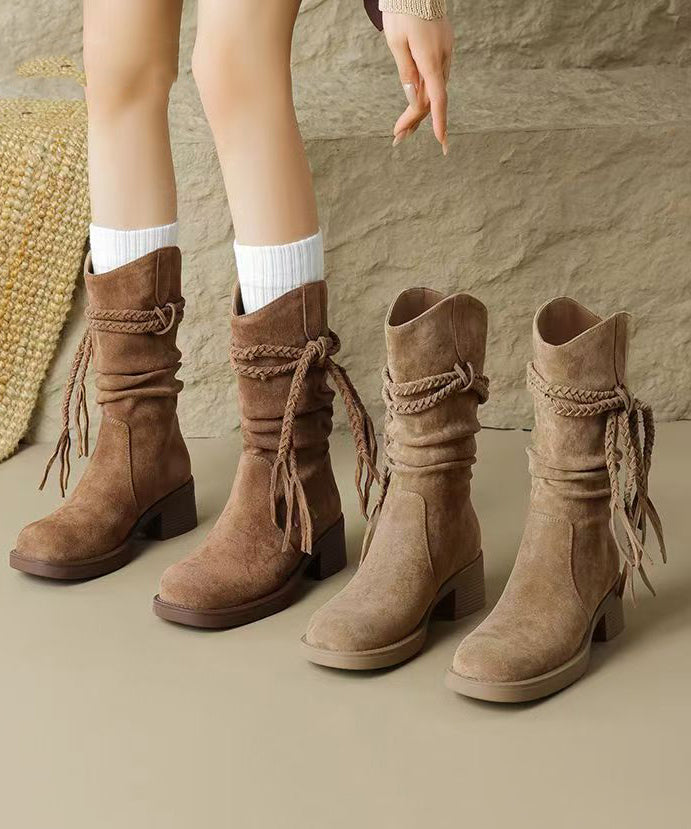 Brown Chunky Suede Women Tassel Splicing Cowboy Boots