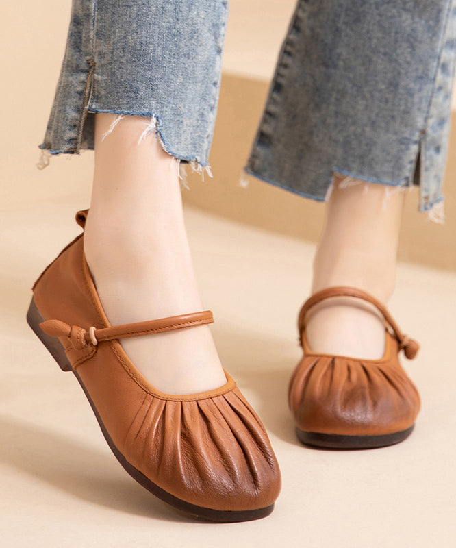 Brown Comfy Cowhide Leather Women Splicing Flat Shoes Wrinkled