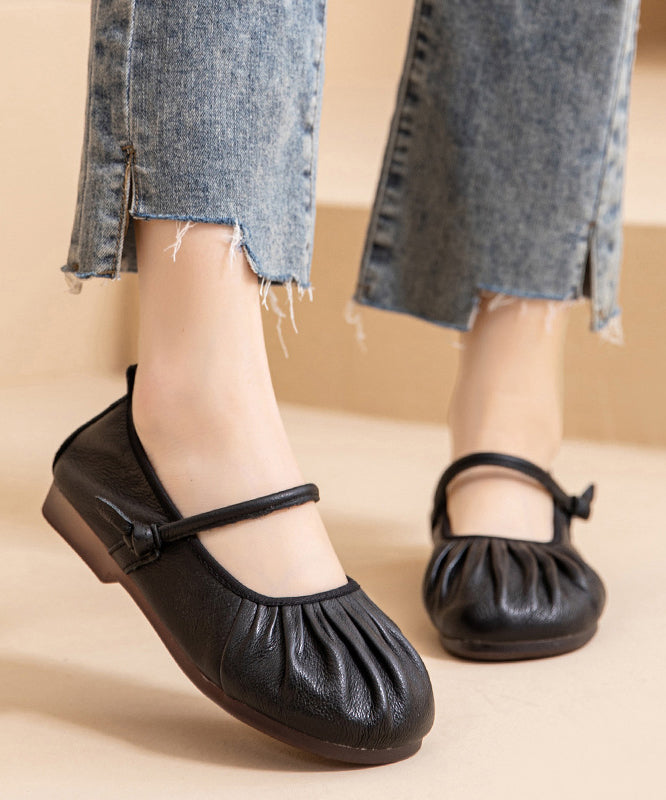 Brown Comfy Cowhide Leather Women Splicing Flat Shoes Wrinkled