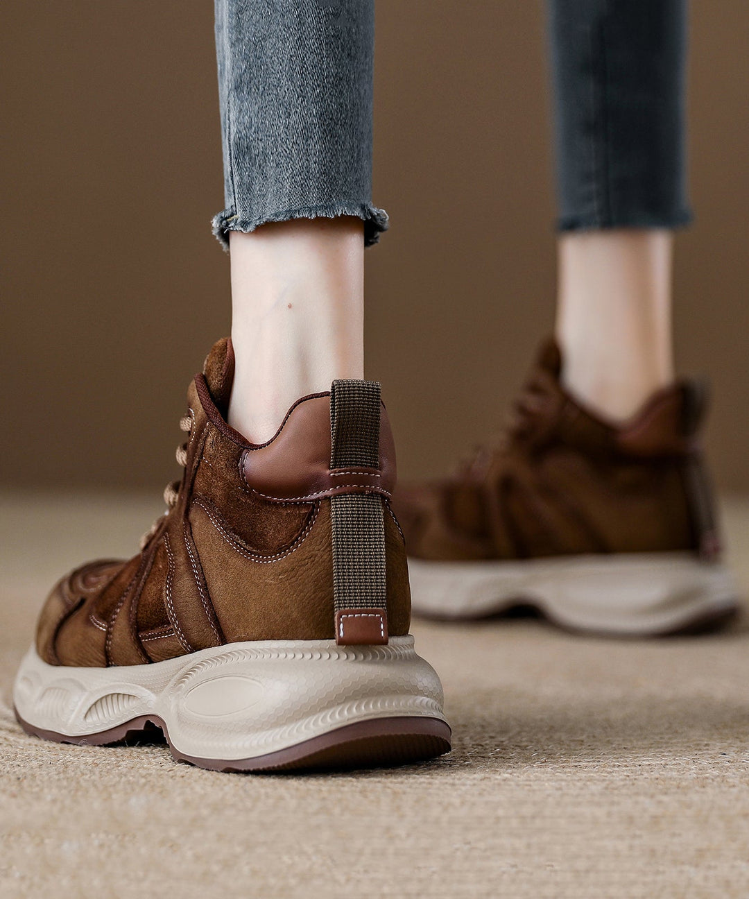 Brown Comfy Women Lace Up Splicing Platform Flats