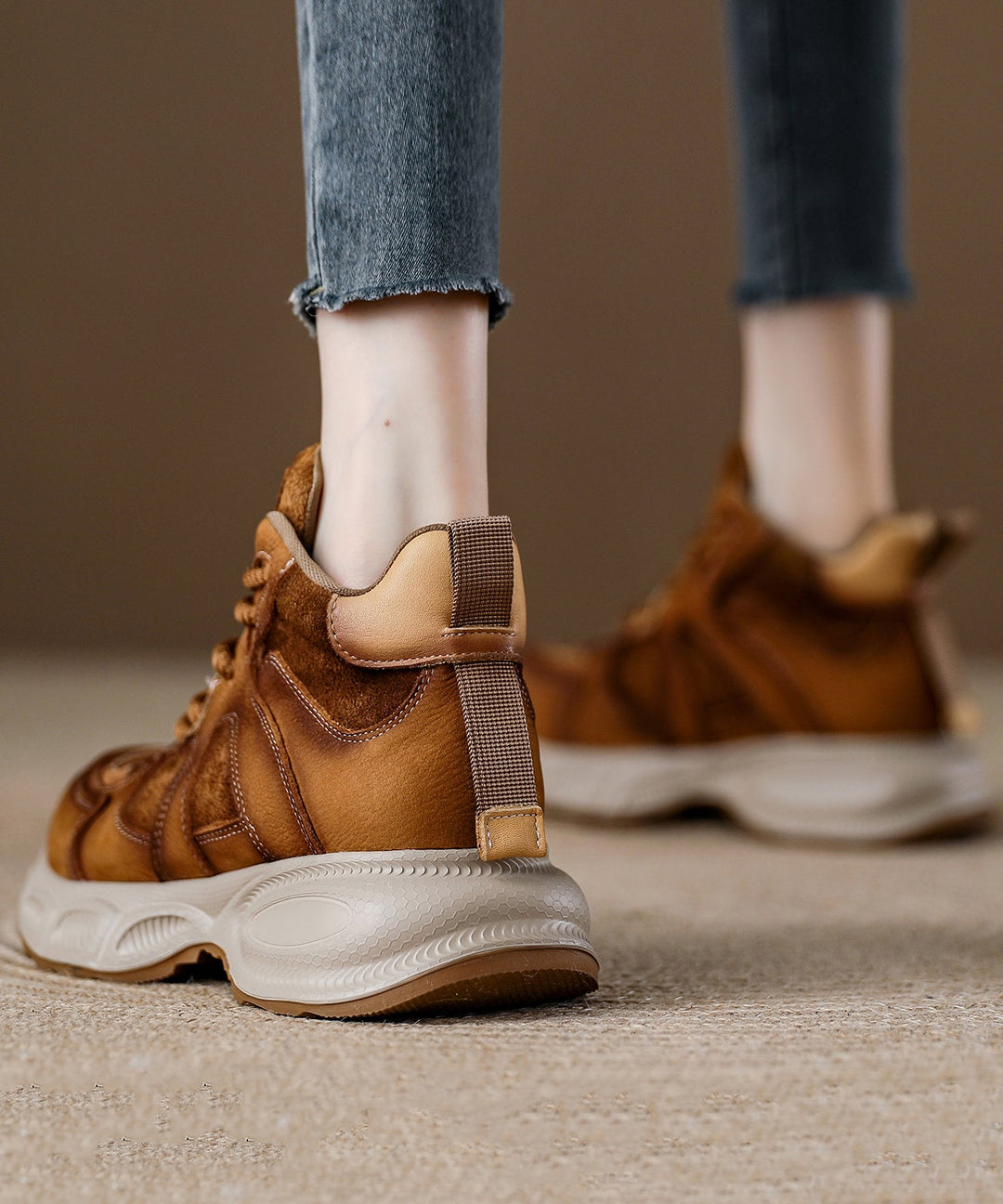 Brown Comfy Women Lace Up Splicing Platform Flats