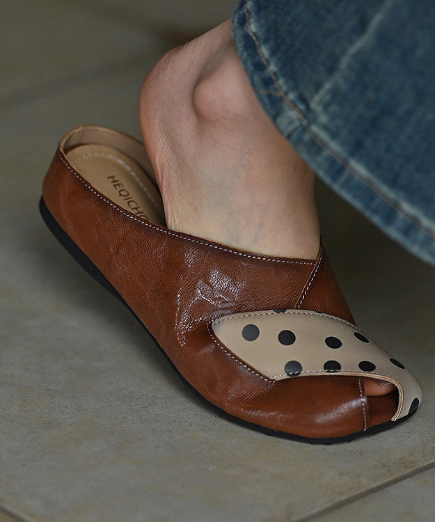 Brown Cowhide Leather Casual Hollow Out Thong Sandals