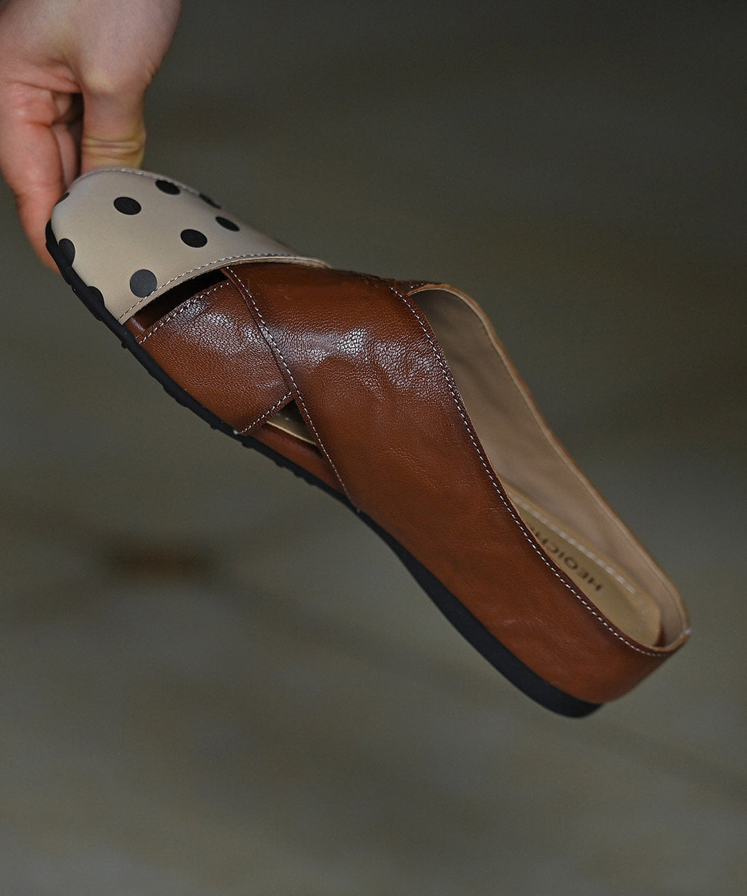 Brown Cowhide Leather Casual Hollow Out Thong Sandals
