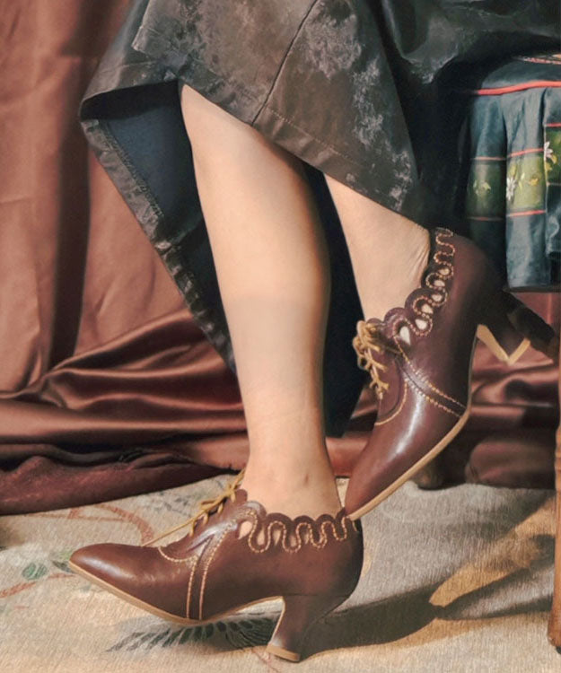 Brown Cowhide Leather High Heels Splicing Hollow Out Lace Up